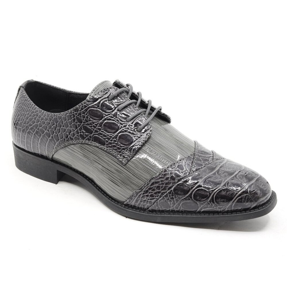 Gray Men's Formal Alligator Print Folded Cap Toe Oxford Lace up Dress Shoes